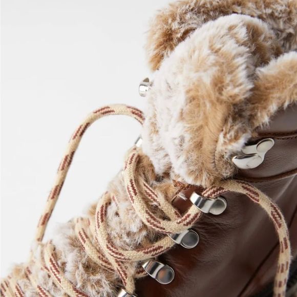Zara Leather Lace Up Mountain Faux Fur Ankle Boots, Brown, Euro 38 (US 8), NWOT - Picture 4 of 15